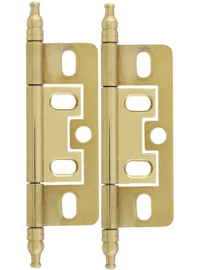 Pair of Solid Brass 2 1/2 inch Non-Mortise Minaret-Tip Cabinet Hinges in Polished Brass.